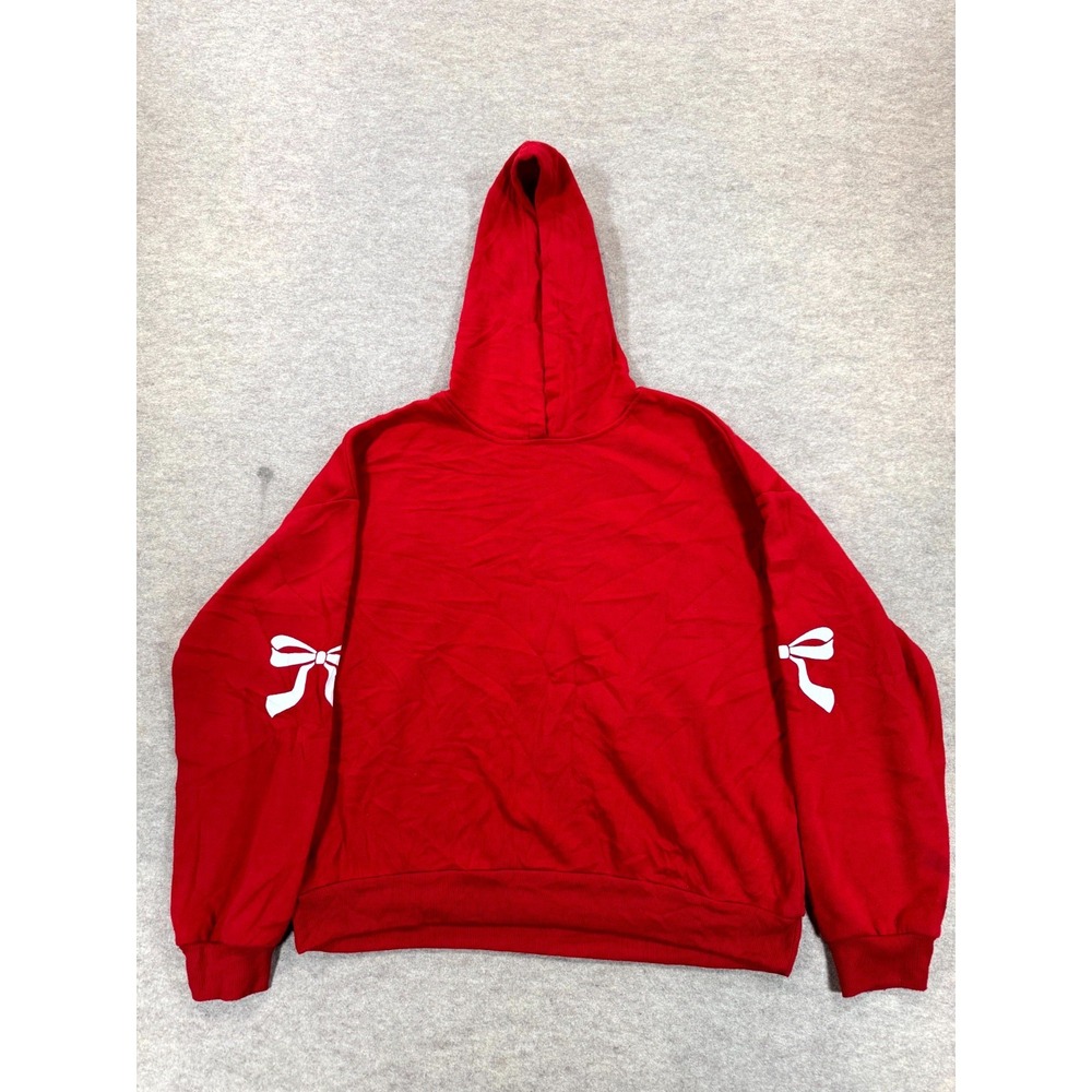 Sunday Retreat Hoodie Womens Red Fleece Lined Ribbon Bow Graphic Pullover M